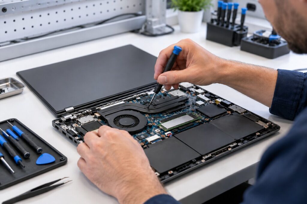 Laptop and PC repair technician working on an open laptop